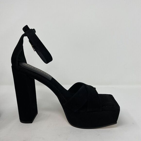 GOOD AMERICAN Description Platform Sandal Womens 9 Black Suede Heels NEW Ankle - Picture 7 of 11